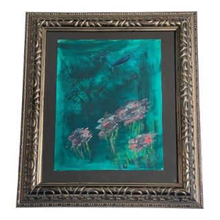 1980s Abstract Florals in Green Grass by Elia in Silver Frame For Sale