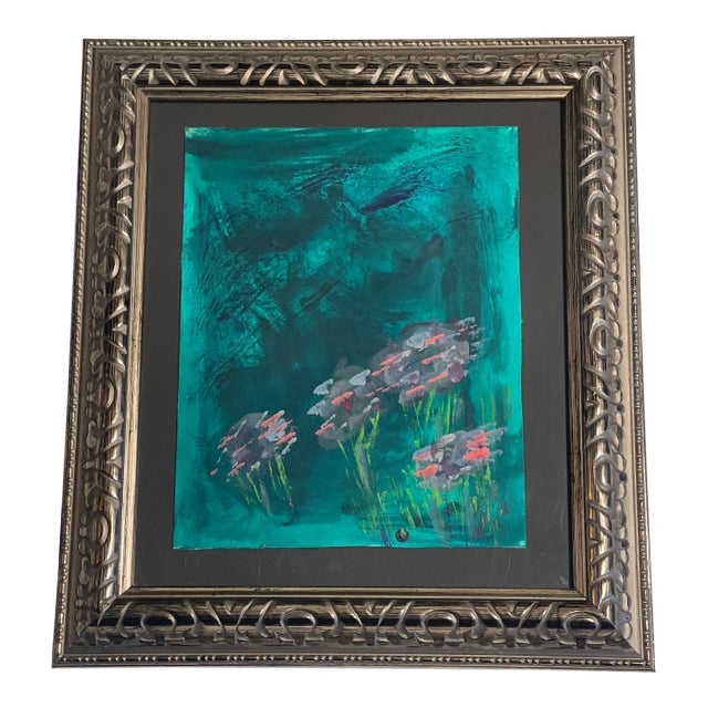 1980s Abstract Florals in Green Grass by Elia in Silver Frame For Sale