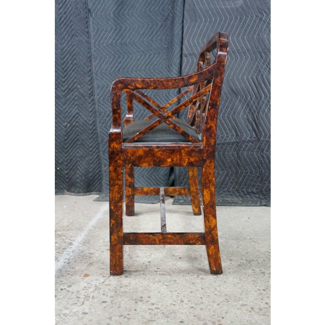 Vintage Chinese Chippendale Faux Tortoise Shell Pierced Trellis Bench Arm Chair For Sale - Image 13 of 18