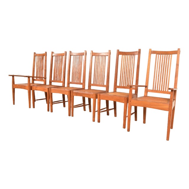 Stickley Style Arts & Crafts Teak and Cane Dining Chairs, Set of Six For Sale