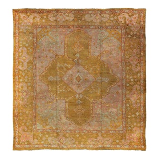 Squared Shape Antique Oushak Rug in Green, Marigold, Cream and Pink Color For Sale