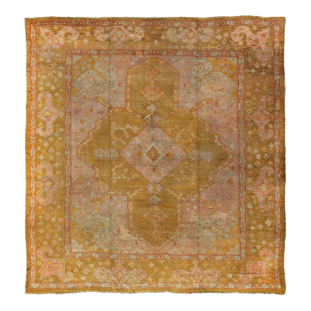 Squared Shape Antique Oushak Rug in Green, Marigold, Cream and Pink Color For Sale