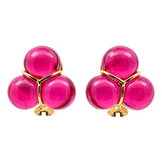 Late 20th Century Pair of Baccarat 18k Yellow Gold Ruby Red Crystal Glass Earrings For Sale