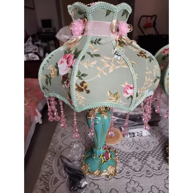 Girly Pink-Green Floral Fabric Table Lamp For Sale - Image 4 of 8