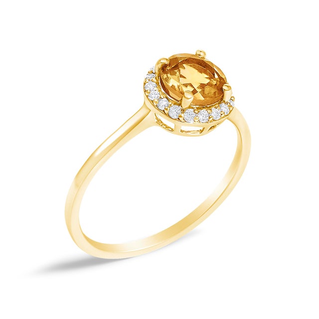 10K Yellow Gold Orange Citrine and 1/10 Cttw Diamond Halo Ring For Sale - Image 4 of 7