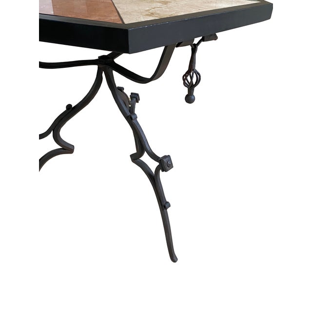 Metal Mid-Century English Gothic Style Iron Side Table With Hexagonal Marble Inlay Top For Sale - Image 7 of 11