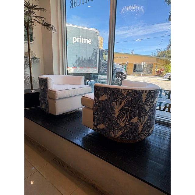 Vintage Pair Swivel Chairs Seagrass Base Blue & White Palm Beach New Upholstery For Sale - Image 9 of 13