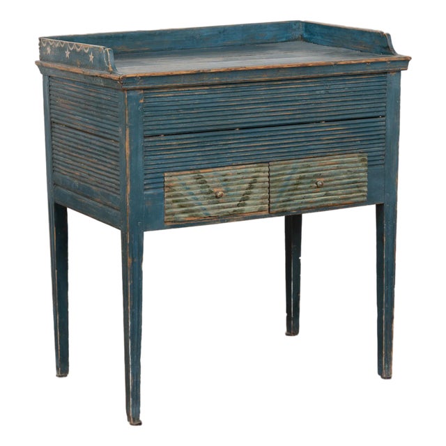 Original Swedish Blue Painted Side Table With Hidden Storage Dated 1850 For Sale