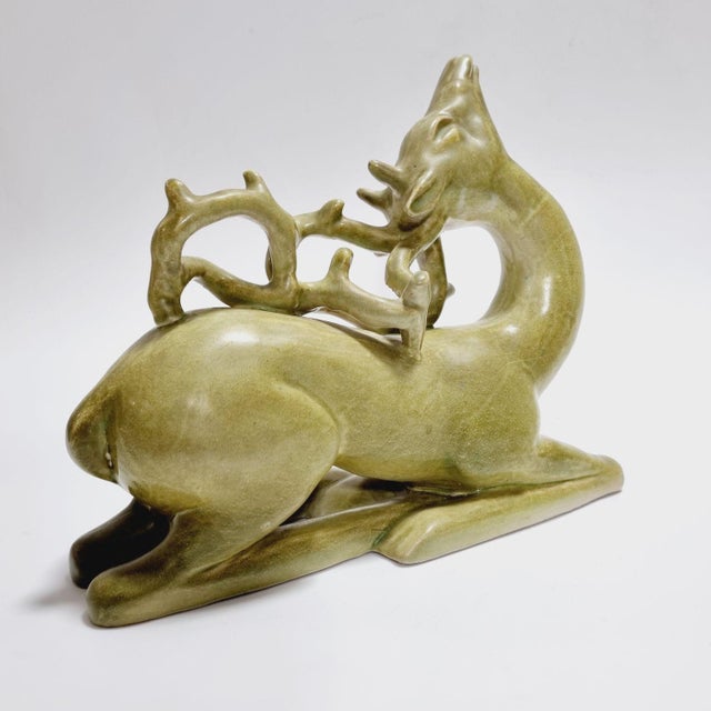 Green Art Deco Italian Glazed Ceramic Recumbent Deer Sculpture from Fidia Milano, 1940s For Sale - Image 8 of 15