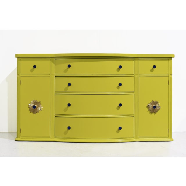 Mid Century Mahogany Curve Front Buffet Console in Chartreuse- Newly Painted For Sale - Image 4 of 13