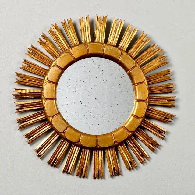 Wood Mid Century Medium Size Giltwood Sunburst Mirror For Sale - Image 7 of 7