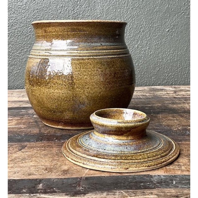 Olive Vintage Aboriginal Studio Pottery Lidded Vase For Sale - Image 8 of 12