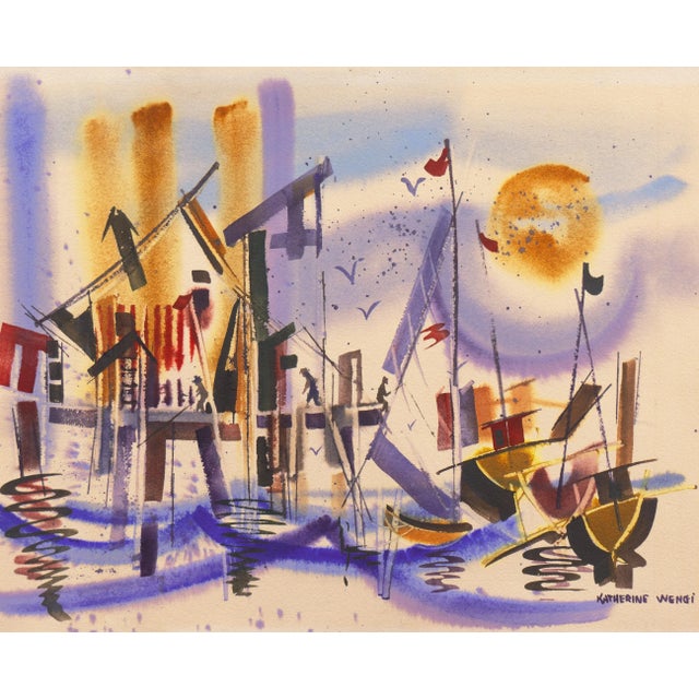 'Fishermen at Monterey Wharf' by Katherine Wengi, Mid-Century Woman Artist, Watercolor Society of Oregon For Sale - Image 11 of 11