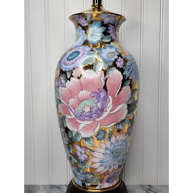 Vintage Chinoiserie Mille-Fleurs Gold Porcelain Table Lamp, Large 32” Statement Floral Lamp For Sale - Image 4 of 16