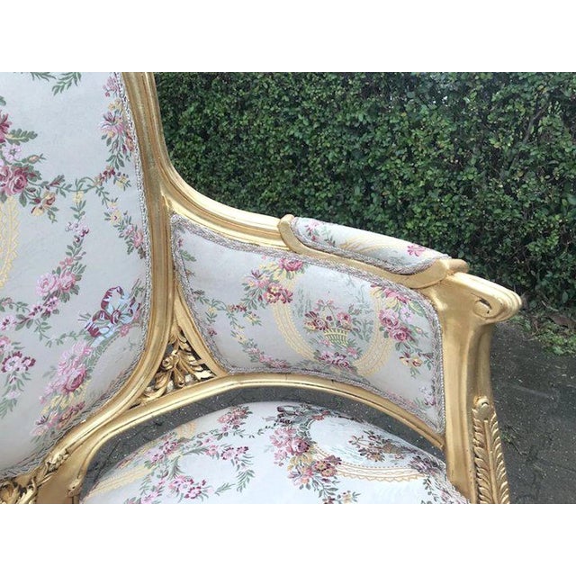 French Late 20c French Louis XVI Gilt Beech Damask Bergère – 2 PCS For Sale - Image 3 of 12