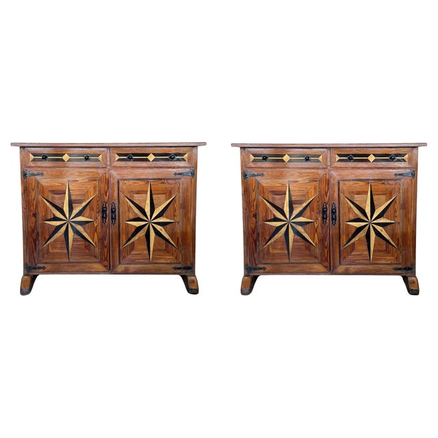Late 19th Century Pair of Spanish Carved Walnut Tuscan Two Drawers Credenza or Buffet with Marquetry For Sale - Image 15 of 18