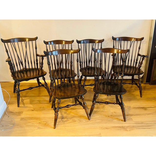 Farmhouse Gorgeous Set 6 1940s Pennsylvania Farmhouse Fiddleback Windsor Dining Chairs Elm For Sale - Image 3 of 7