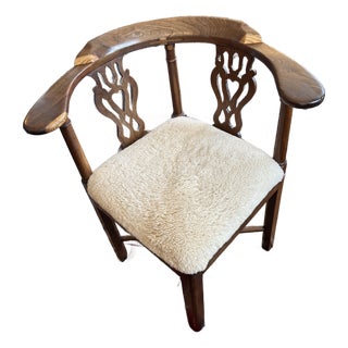 Antique Chippendale Style Walnut & Shearling Corner Desk Chair For Sale