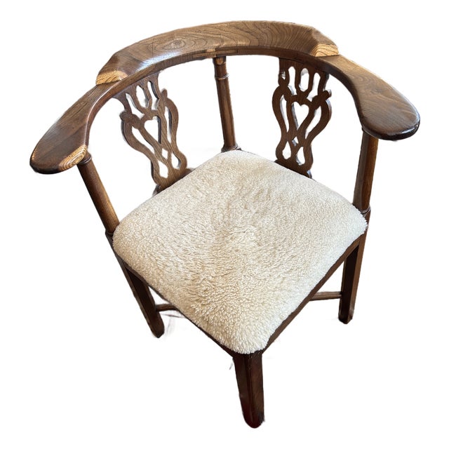 Antique Chippendale Style Walnut & Shearling Corner Desk Chair For Sale