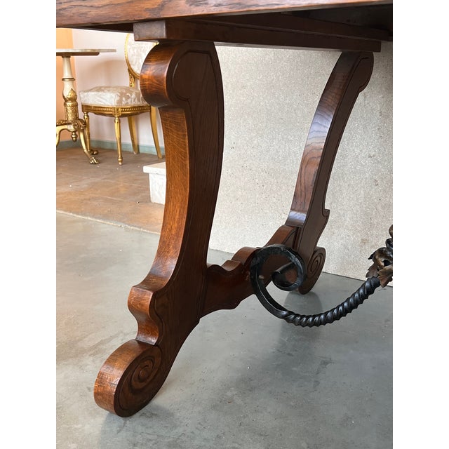 20th Century Spanish Oak Lyre Legs Trestle Dining Farm Table For Sale In Miami - Image 6 of 12