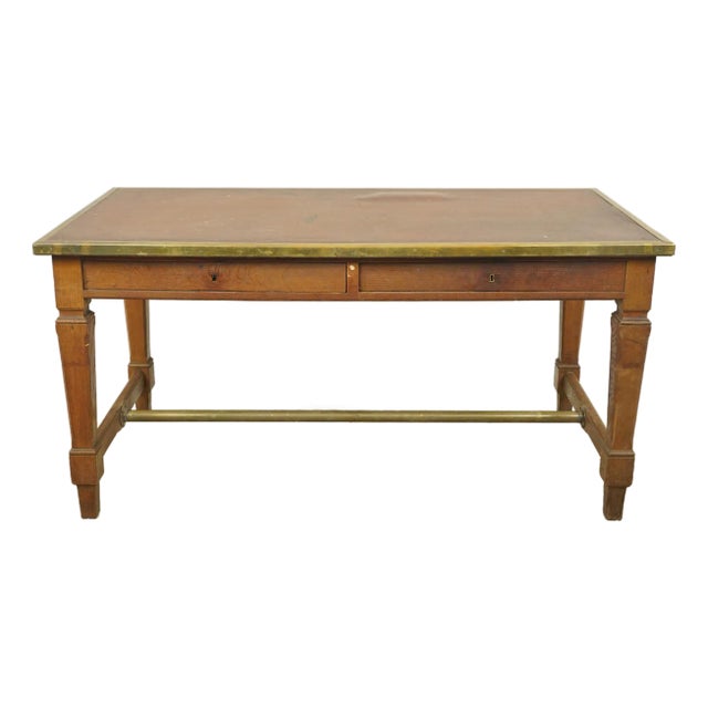 Mid 20th Century Banque De France Leather Top Wood Bank Writing Desk For Sale