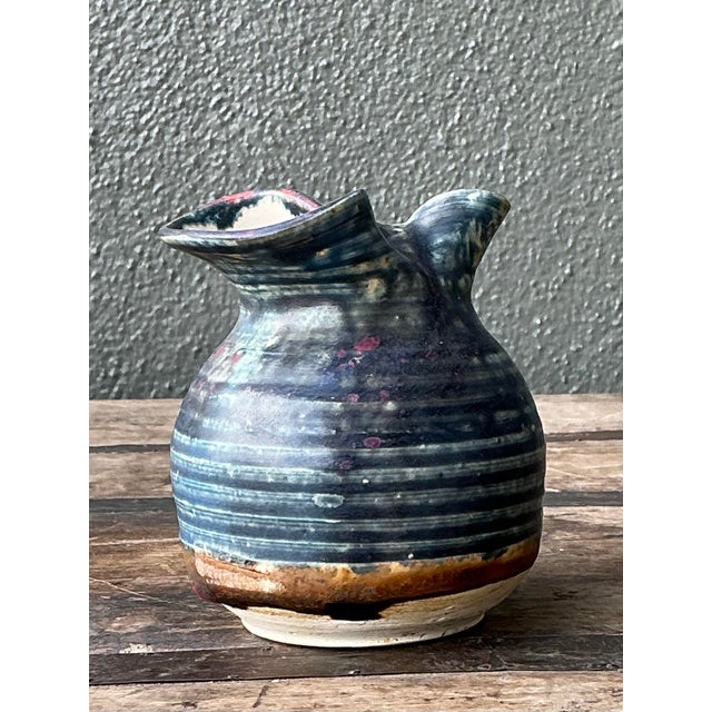 Ink Blue Vintage Original Studio Pottery Vase For Sale - Image 8 of 12