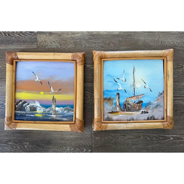 vintage mid 20th-century decorative coastal oil coastal paintings on board, signed "Bass" and framed in natural woven...