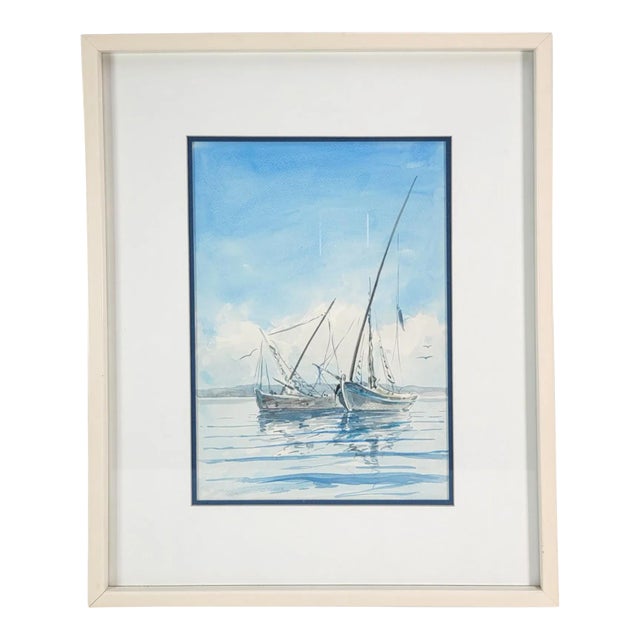 Harbor Boat Seascape Watercolor Painting Attributed to Ray Prosser For Sale