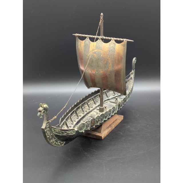 Mid-Century Modern Vintage Bronze & Brass Viking Ship Sculpture on Stand For Sale - Image 3 of 11