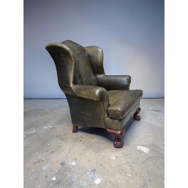 Olive Vintage English Georgian Style Distressed Olive Green Leather Wingback Library Armchair With Ball & Claw Feet For Sale - Image 8 of 12