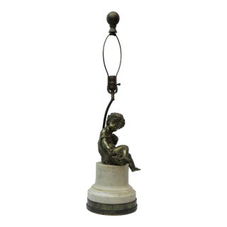 Bronze Figural Putti Table Lamp W/ Marble & Bronze Base For Sale