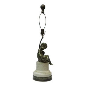 Bronze Figural Putti Table Lamp W/ Marble & Bronze Base