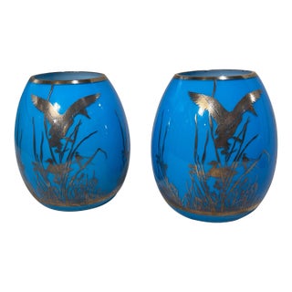 Pair of Blue Opaline Glass Duck Vases With Sterling Overlay For Sale