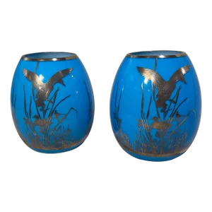 Pair of Blue Opaline Glass Duck Vases With Sterling Overlay
