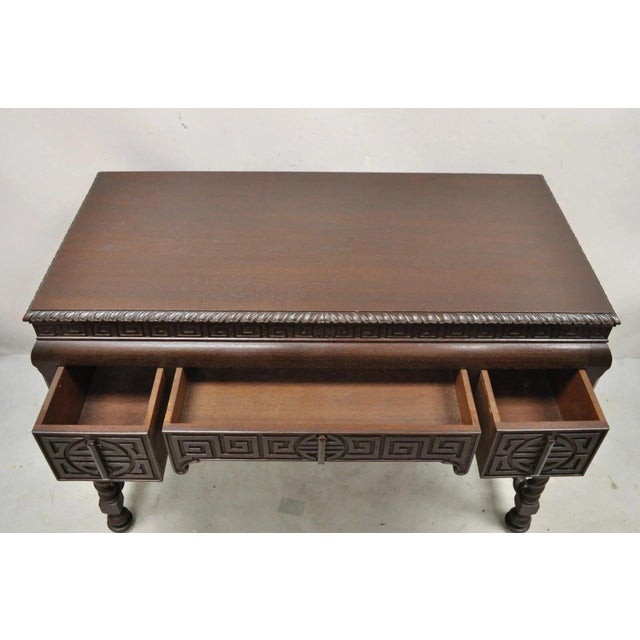 Early 20th Century Antique Jacobean William and Mary Greek Key Carved Mahogany 3 Drawer Desk For Sale - Image 5 of 12