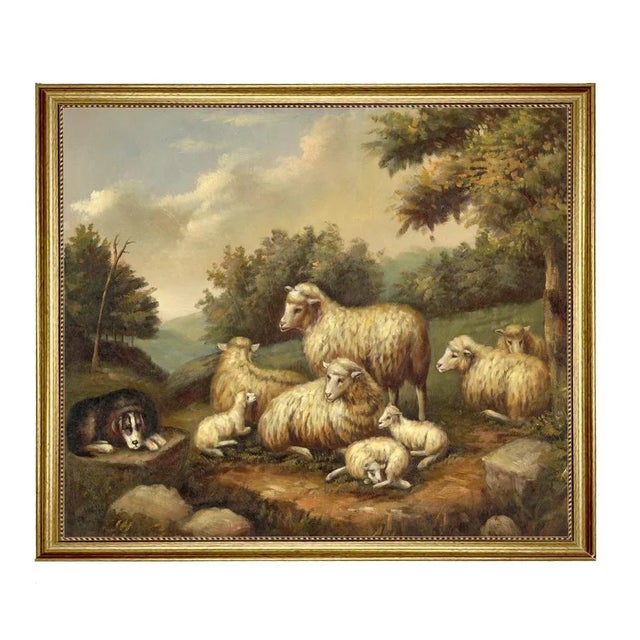 American "Sheep in Landscape" Contemporary Reproduction Print on Canvas, Framed For Sale - Image 3 of 3