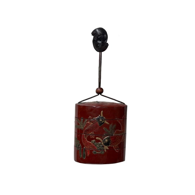 Asian Vintage Red Lacquer Inro Koi Fishes Netsuke Wood Stack Case Deco For Sale - Image 3 of 11