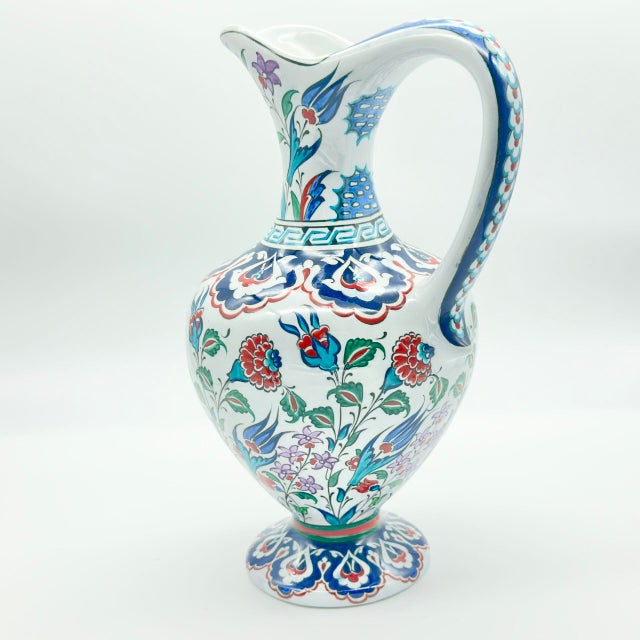 Turquoise Handmade Ceramic Pitcher Vase (30cm) Traditional “Ewer” Form with Handle – Colorful Floral Pattern & Geometric Neck Border For Sale - Image 8 of 10
