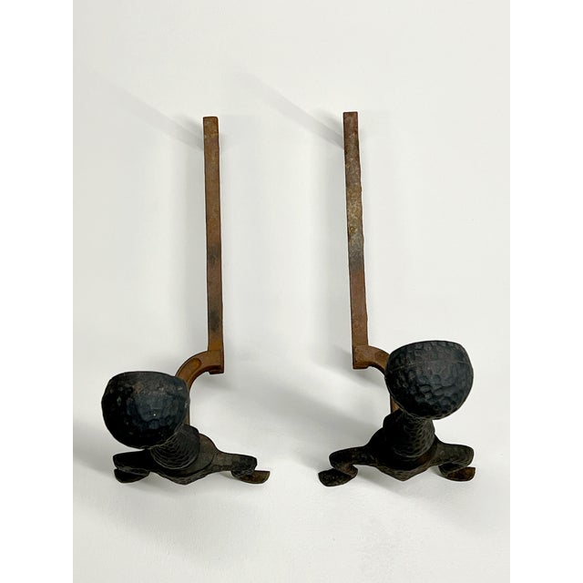 Pair of Vintage Hammered Cast Iron Andirons For Sale - Image 4 of 10