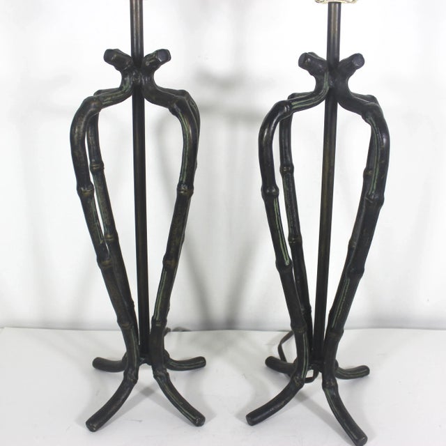 Vintage French Faux Bamboo Lamps With Bronze Finish - A Pair For Sale - Image 11 of 11