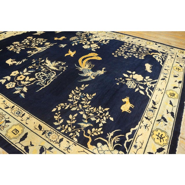 1880s Blue Navy Open Field Chinoiserie Pattern Antique Chinese Peking Rug For Sale - Image 4 of 12