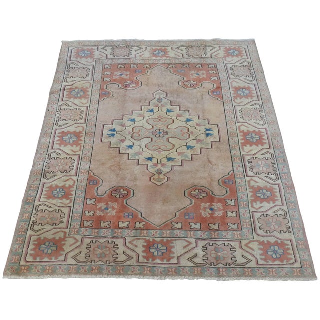 Midcentury Oushak Rug in Neutrals, Flesh Tones, Blues For Sale - Image 11 of 11