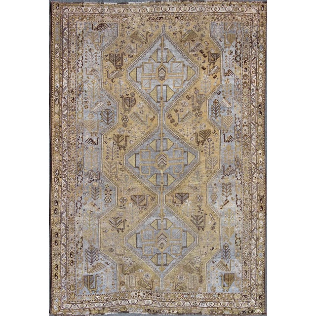 Hand Knotted Vintage Persian Shiraz Rug Tri-Medallion Design in Lavender and Olive For Sale - Image 13 of 13