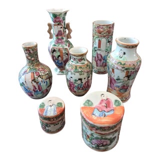 Antique Chinese Porcelain Collection Rose Mandarin Medallion, Set of 7 For Sale