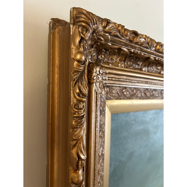 Sky Blue Large Antique Victorian Adirondack Landscape Oil Painting Mountain Lake With Sailboats in Ornate Gold Frame For Sale - Image 8 of 11