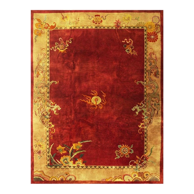 1920s Red Open Field 6Star Room Size Antique Chinese Knotted Wool Art Deco Rug For Sale