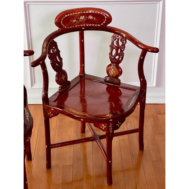 Wood Pair of Chinese Rosewood Corner Chairs With Mother-of-Pearl Inlay, C. 1940 For Sale - Image 7 of 18