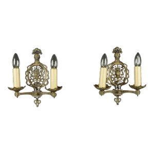 Pair of Mid 20th Century Knight Coat of Arms Bronze Two Arm Wall Sconces