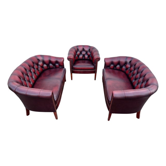 Vintage English Chesterfield Lounge Group in Oxblood Leather, Set of 3 For Sale