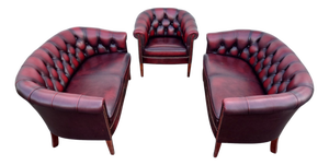 Vintage English Chesterfield Lounge Group in Oxblood Leather, Set of 3